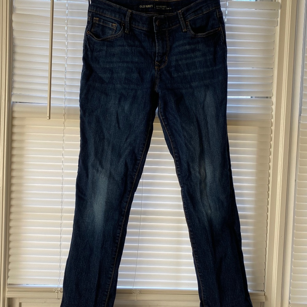 Mid Rise Dark Wash Denim Straight Leg Jeans